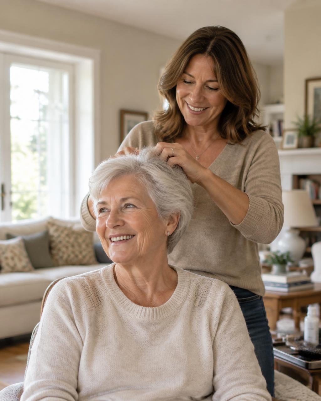 Tracy styling a smiling client's hair at home