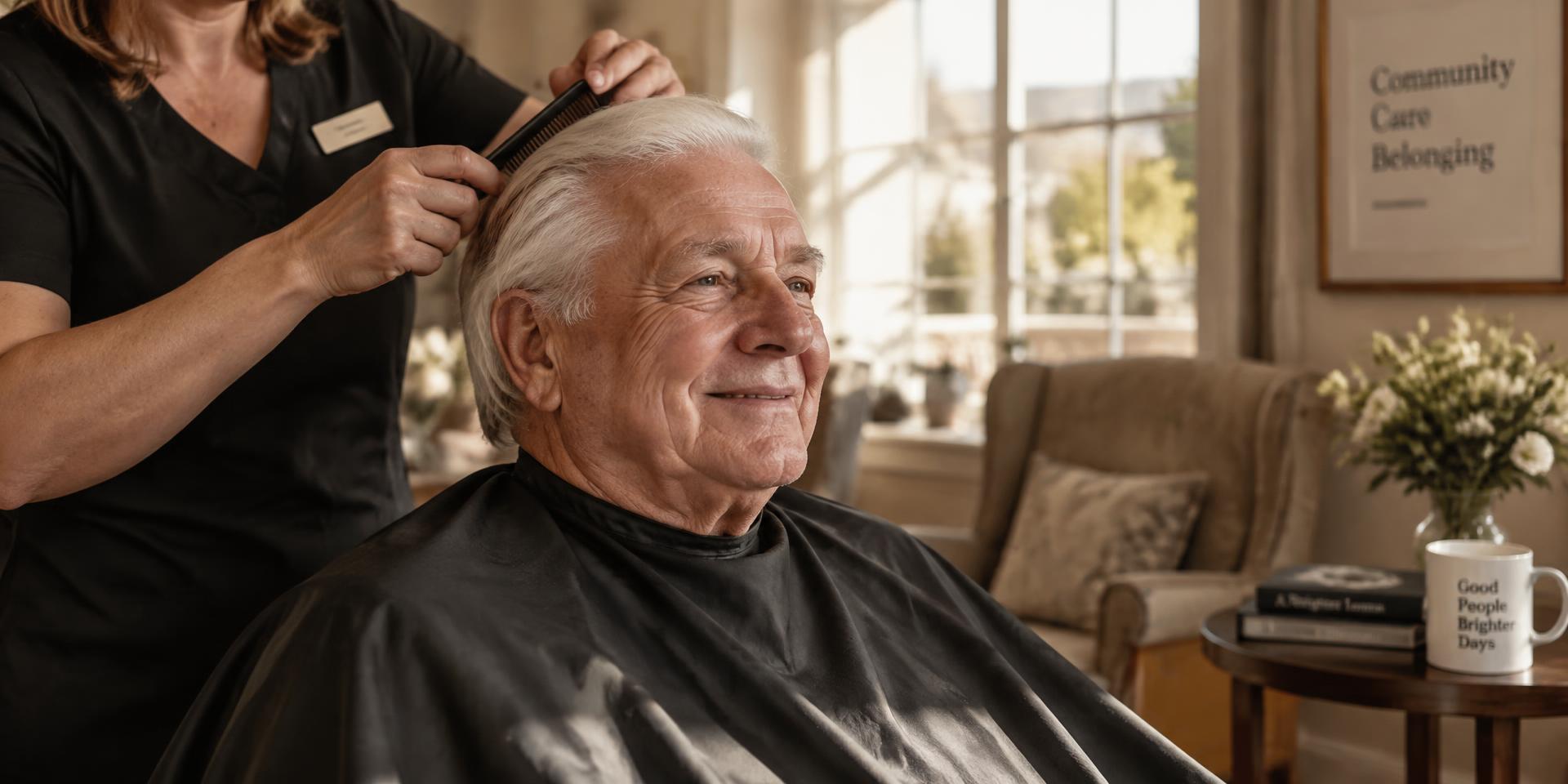 Tracy combing an older gentleman's hair in a sunlit residence